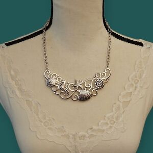 SCROLL Silvertone Beach Seashell Seahorse Bib Statement Necklace
